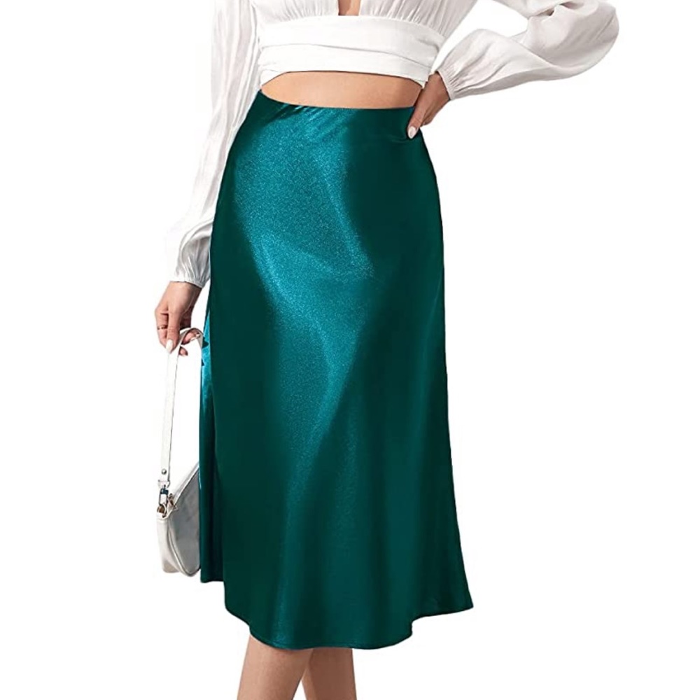 NWOT Dark Green Satin A Line Midi Skirt